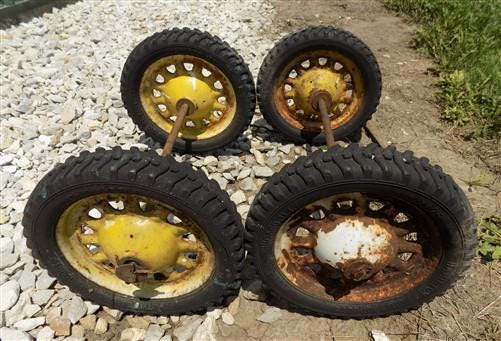 Toys & Games > Toys > Push & Pull Toys > Wagons - 4 Vintage Metal Baby Buggy Wheels Pedal Car Garden Cart Pumpkin Wagon A5...