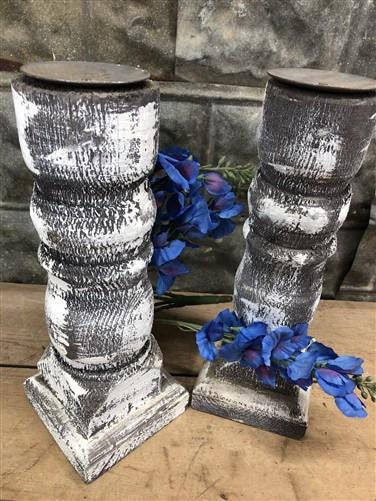 Home & Living > Home Decor > Home Accents - Pair Gray Wooden Pillar 14" Candlestick Holders, Decor, Table Centerpiece, B b...