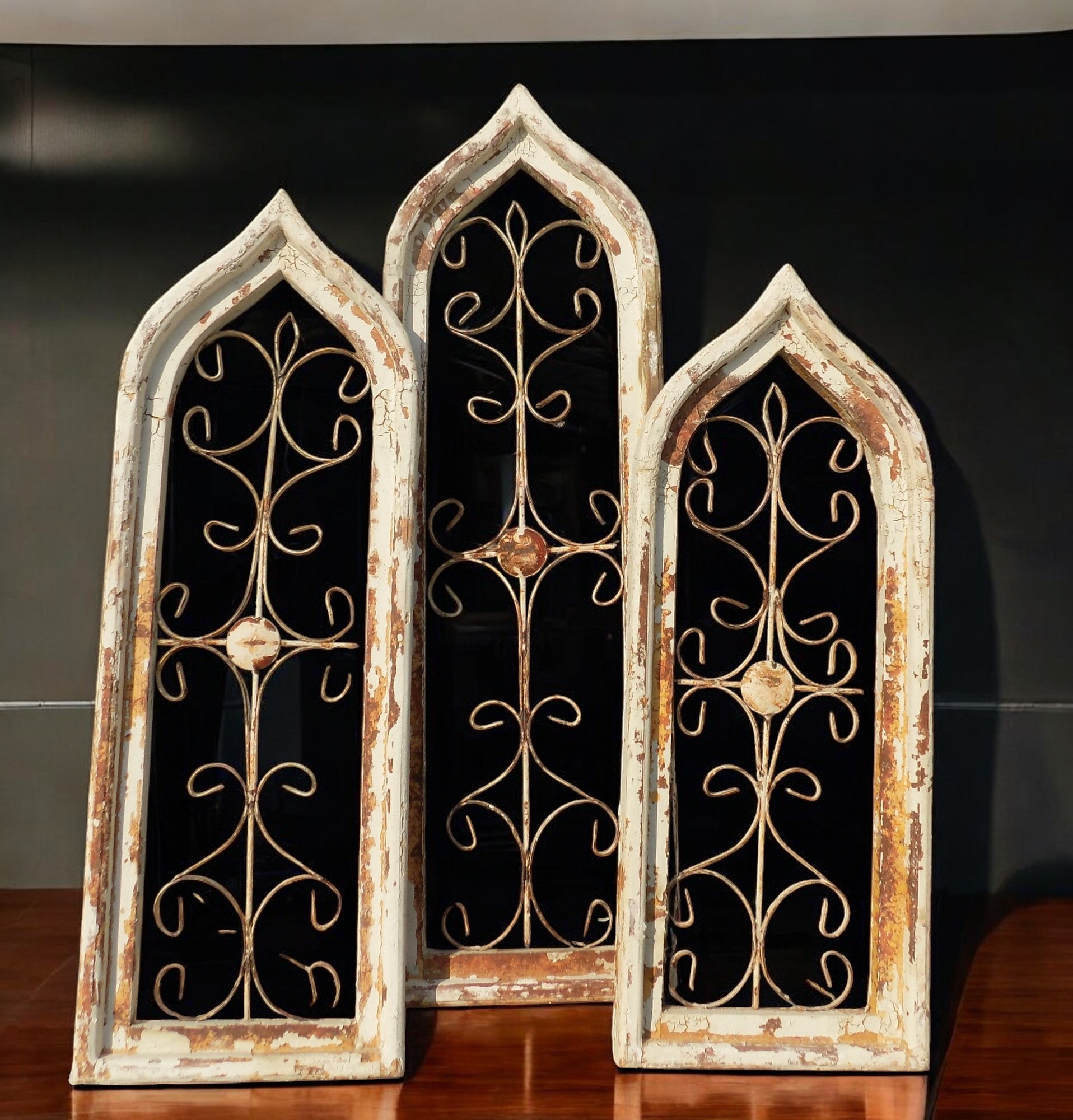 Set 3 Gothic Teardrop Window Frames, Architectural Wood Metal Wall Dec ...