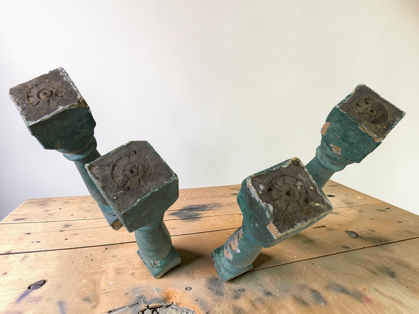 Balusters - 4 Vintage Green Wood Balusters, Reclaimed Spindles, Architectural Salvage, J by The Old Grainery (Architectura...