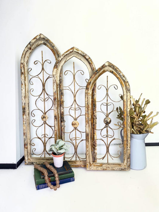 Windows - 3 Large Arched Wood Metal Gothic Wall Decor, Farmhouse Style, Window Frames by The Old Grainery (3 piece set, ar...