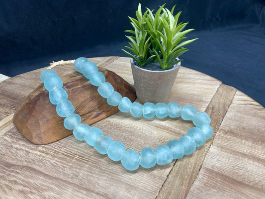 Ice Blue Recycled Glass Beads African Trade Beads, Sea Glass Style, 1 Strand