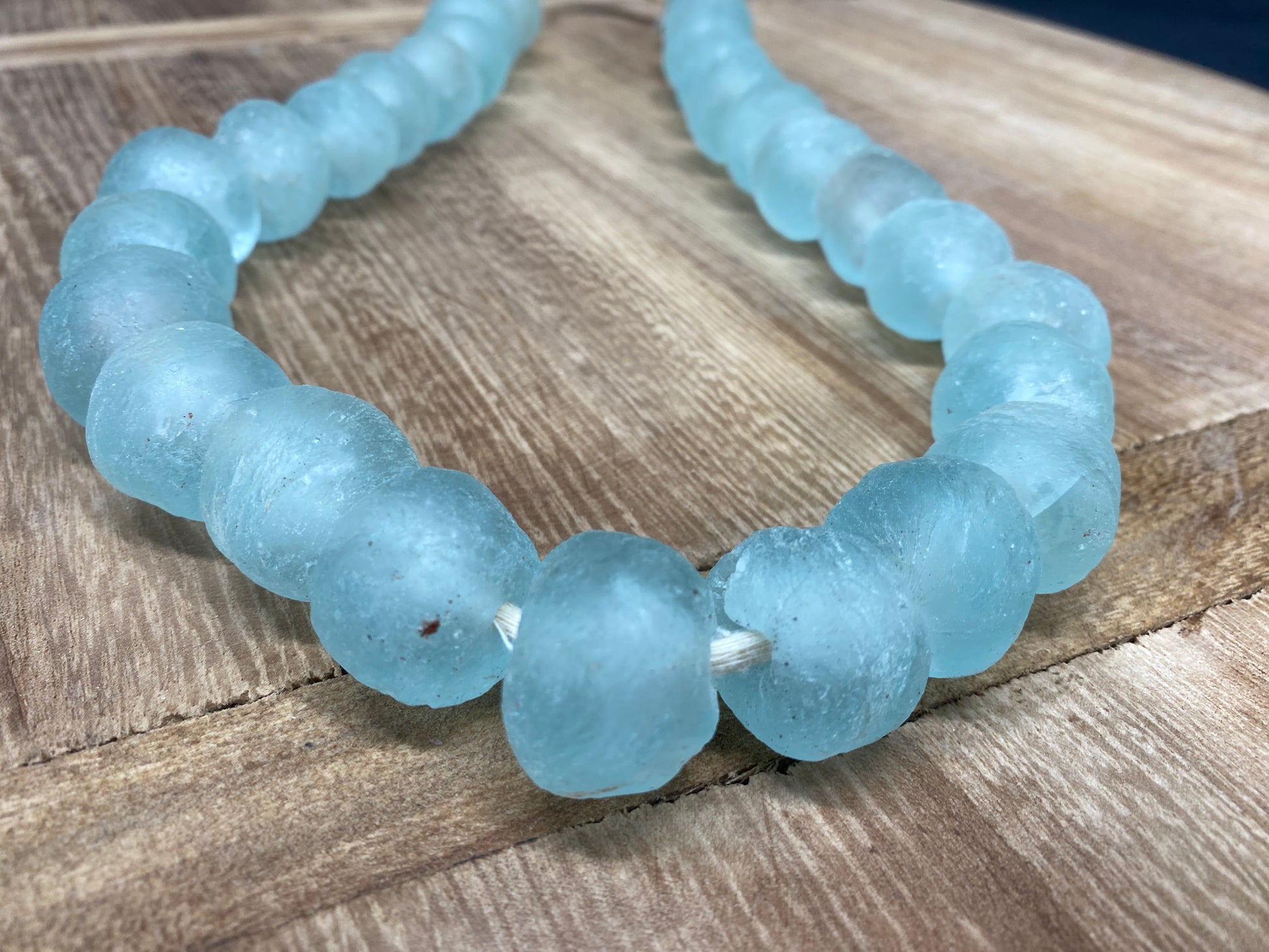 Home Goods - Ice Blue Recycled Glass Beads African Trade Beads, Sea Glass Style, 1 Strand by The Old Grainery (African, bl...