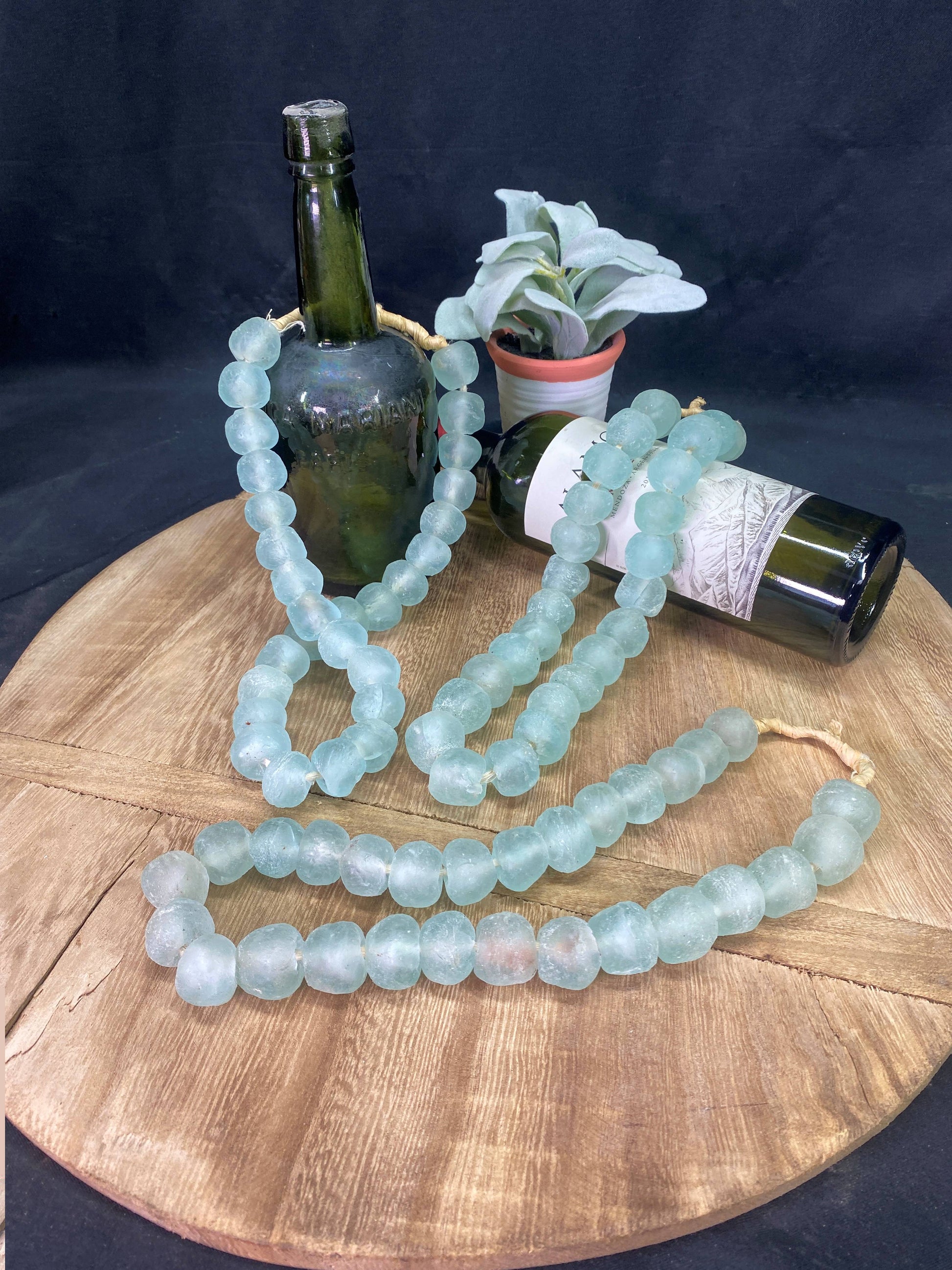 Home Goods - Ice Blue Recycled Glass Beads African Trade Beads, Sea Glass Style, 3 Strands by The Old Grainery (African, B...