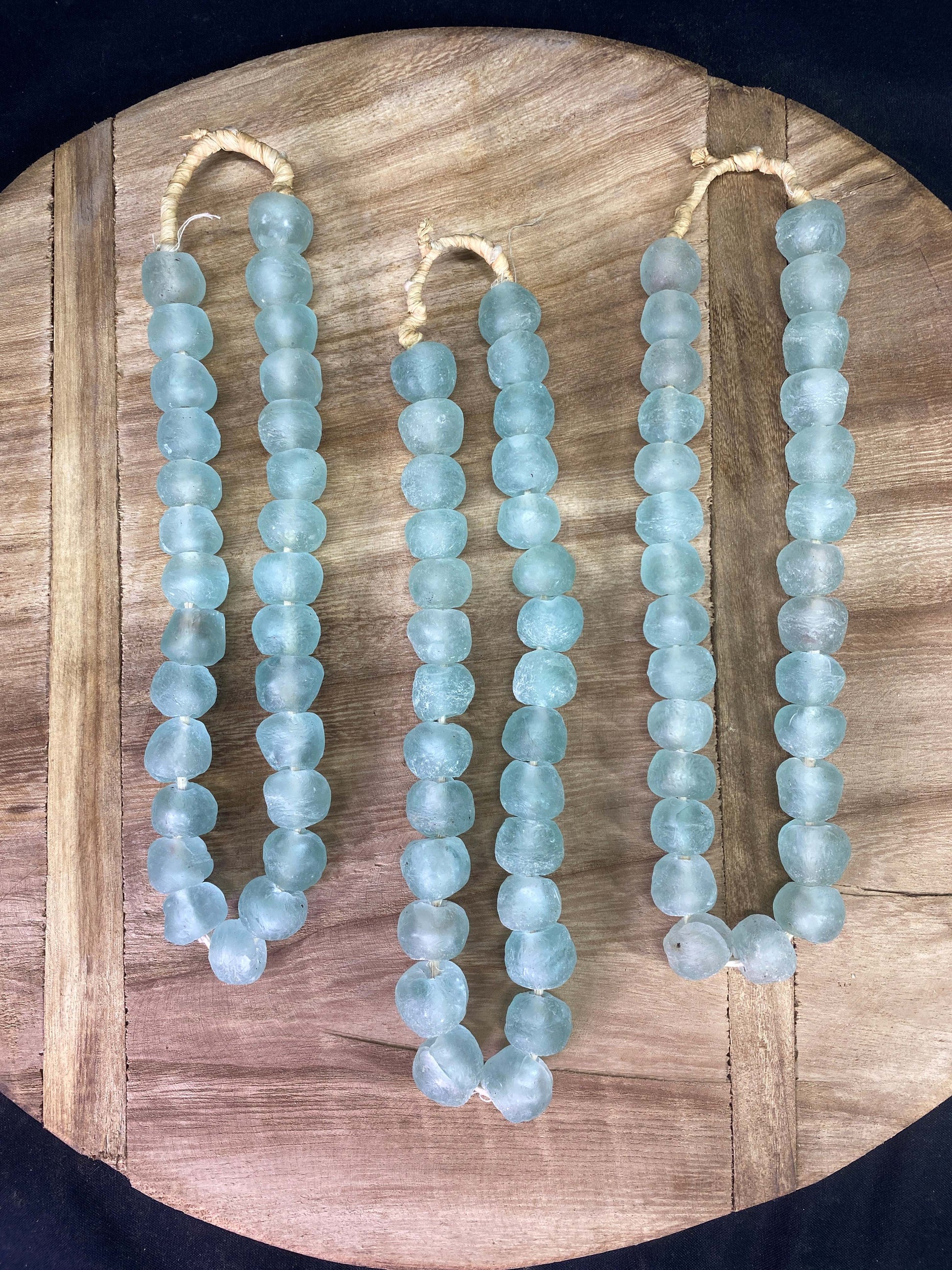 Home Goods - Ice Blue Recycled Glass Beads African Trade Beads, Sea Glass Style, 3 Strands by The Old Grainery (African, B...