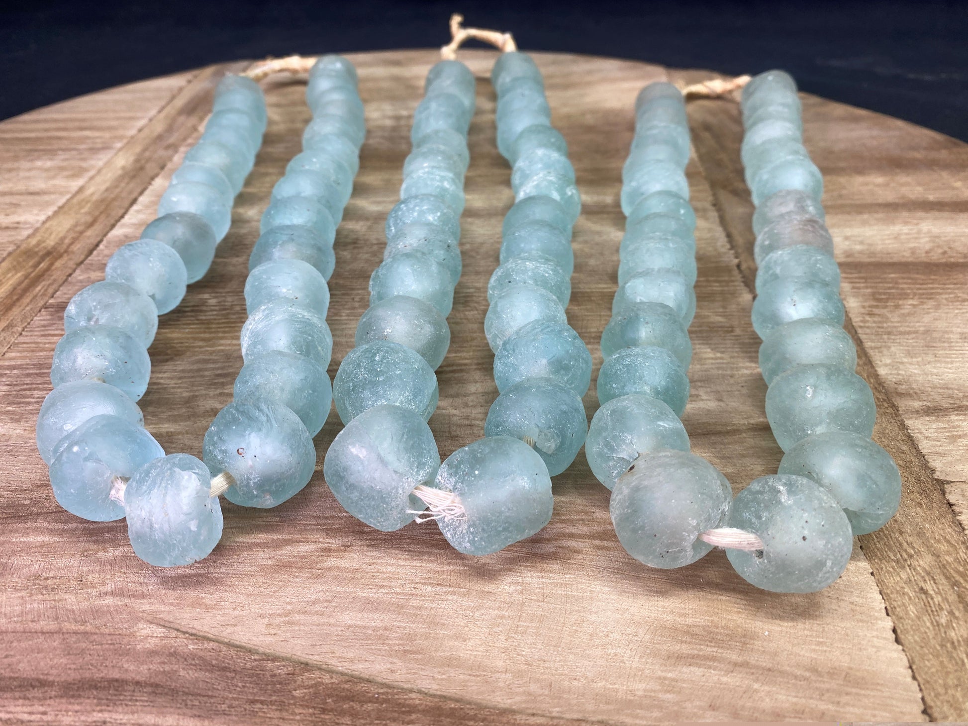 Home Goods - Ice Blue Recycled Glass Beads African Trade Beads, Sea Glass Style, 3 Strands by The Old Grainery (African, B...