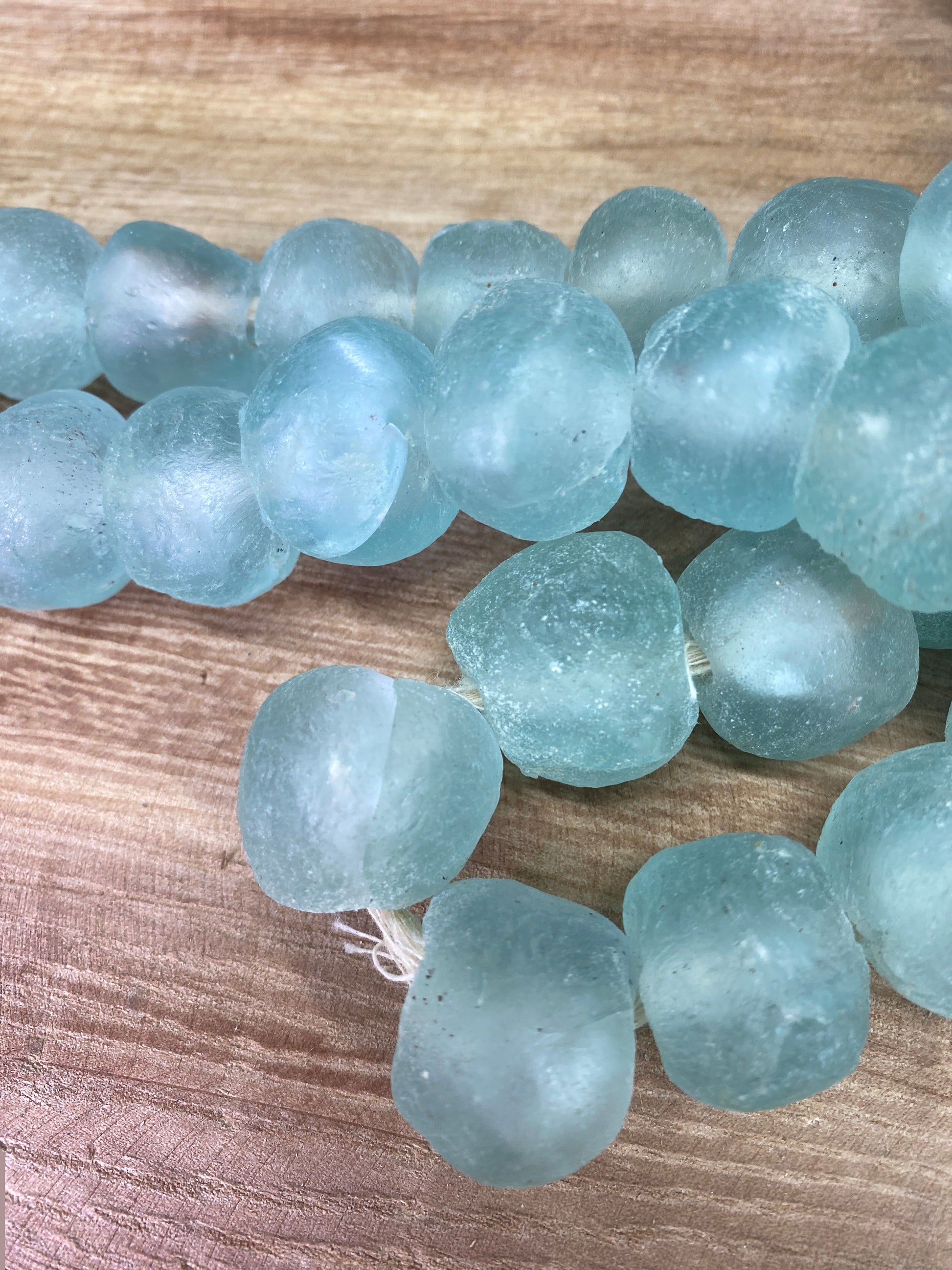 Home Goods - Ice Blue Recycled Glass Beads African Trade Beads, Sea Glass Style, 3 Strands by The Old Grainery (African, B...