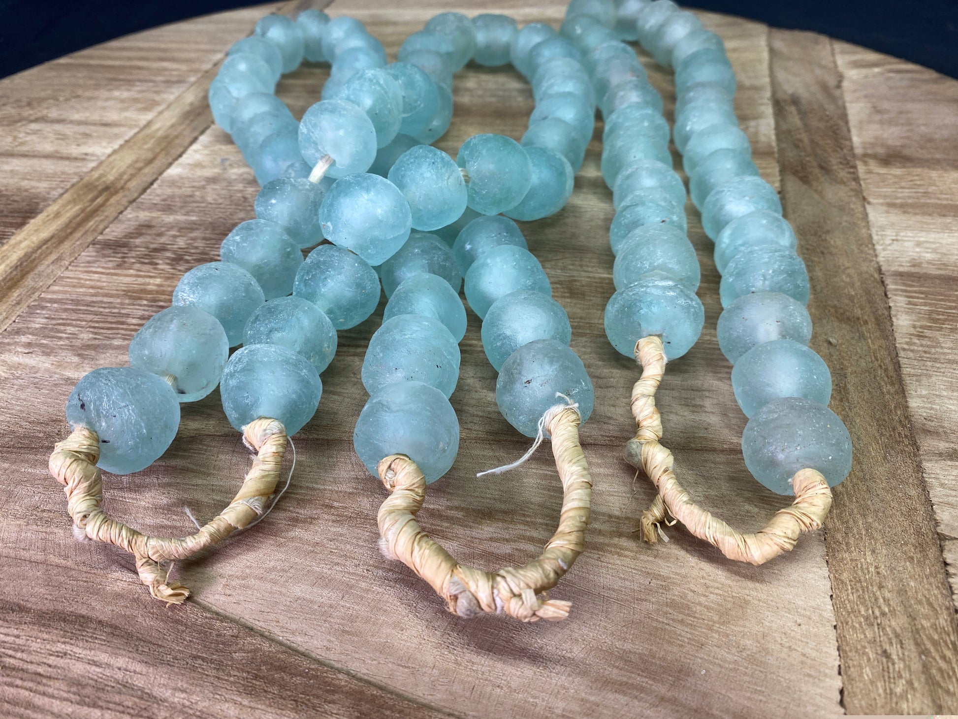 Home Goods - Ice Blue Recycled Glass Beads African Trade Beads, Sea Glass Style, 3 Strands by The Old Grainery (African, B...