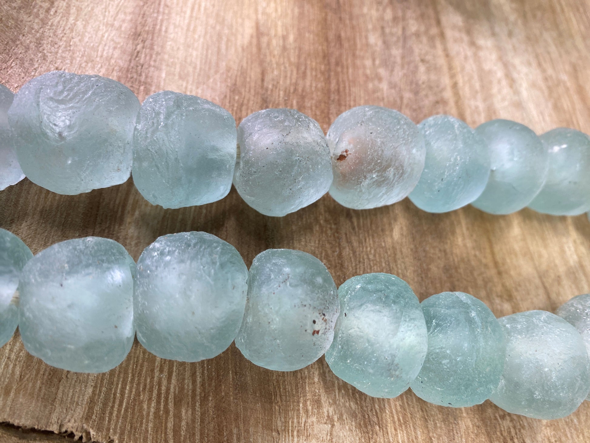 Home Goods - Ice Blue Recycled Glass Beads African Trade Beads, Sea Glass Style, 3 Strands by The Old Grainery (African, B...