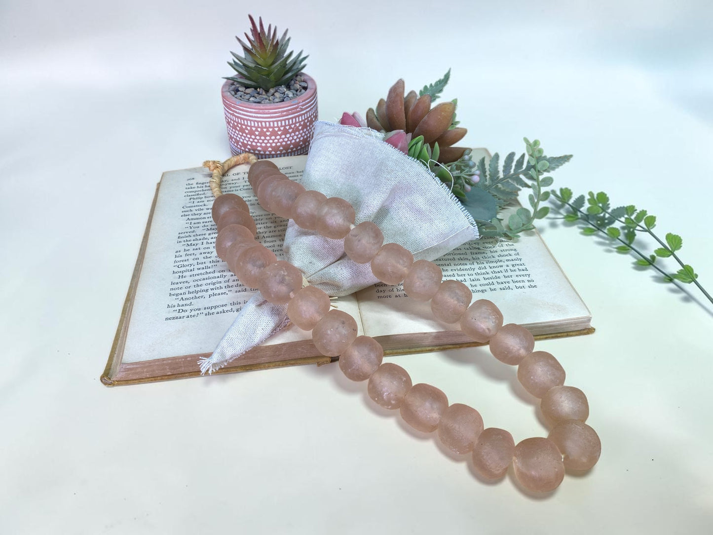 Home Goods - Pale Pink Recycled Glass Beads African Trade Beads, Sea Glass Style, 1 Strand by The Old Grainery (African, E...