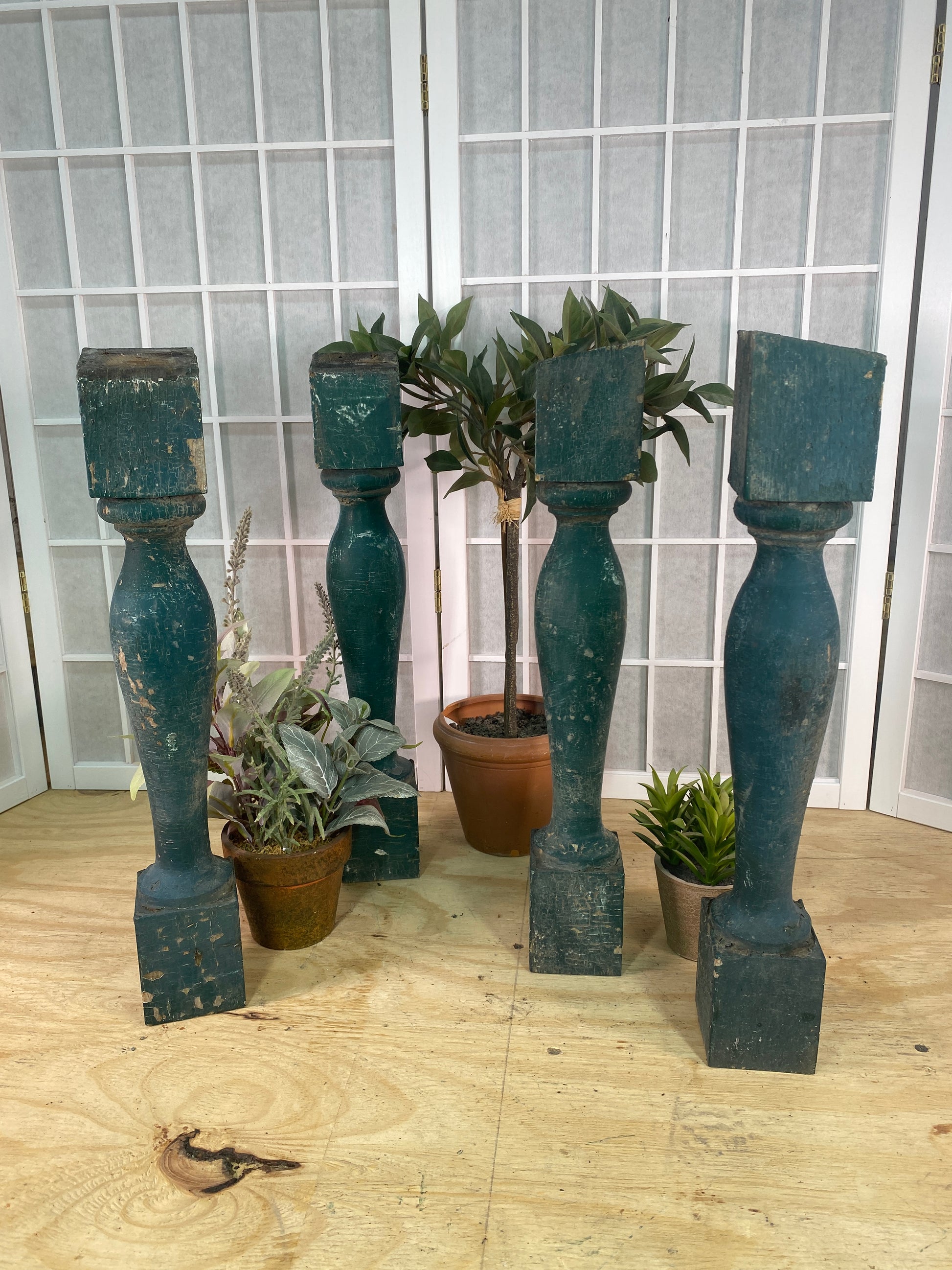 Balusters - 4 Vintage Green Wood Balusters, Reclaimed Spindles, Architectural Salvage, X by The Old Grainery (Architectura...