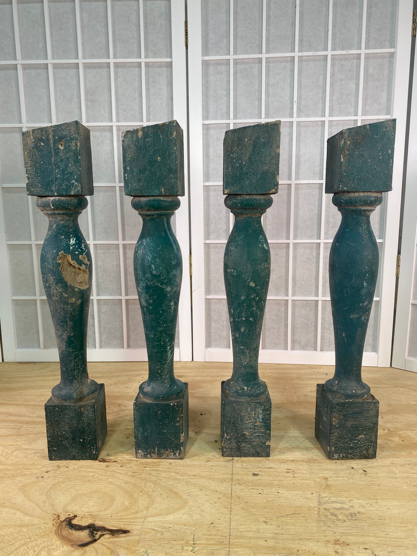 Balusters - 4 Vintage Green Wood Balusters, Reclaimed Spindles, Architectural Salvage, X by The Old Grainery (Architectura...