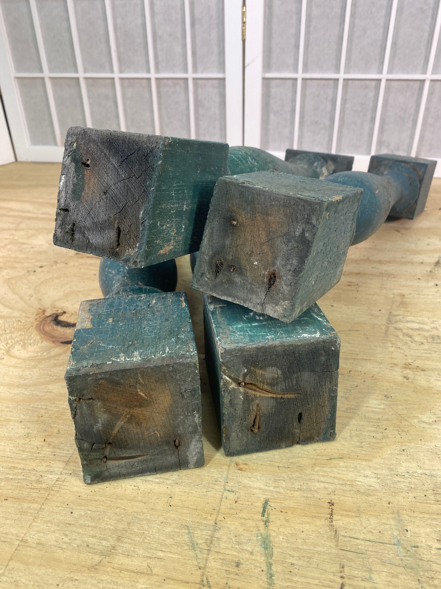 Balusters - 4 Vintage Green Wood Balusters, Reclaimed Spindles, Architectural Salvage, X by The Old Grainery (Architectura...