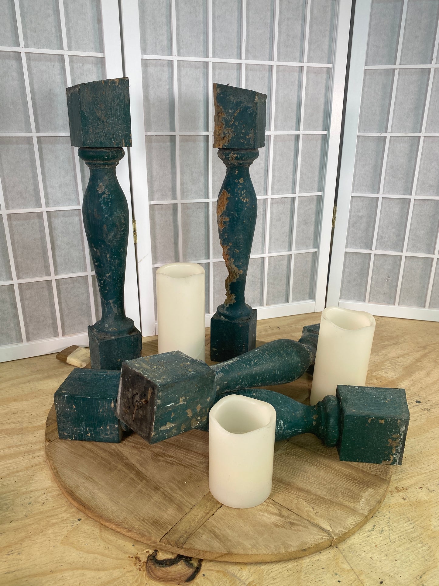 Balusters - 4 Vintage Green Wood Balusters, Reclaimed Spindles, Architectural Salvage, S by The Old Grainery (Architectura...