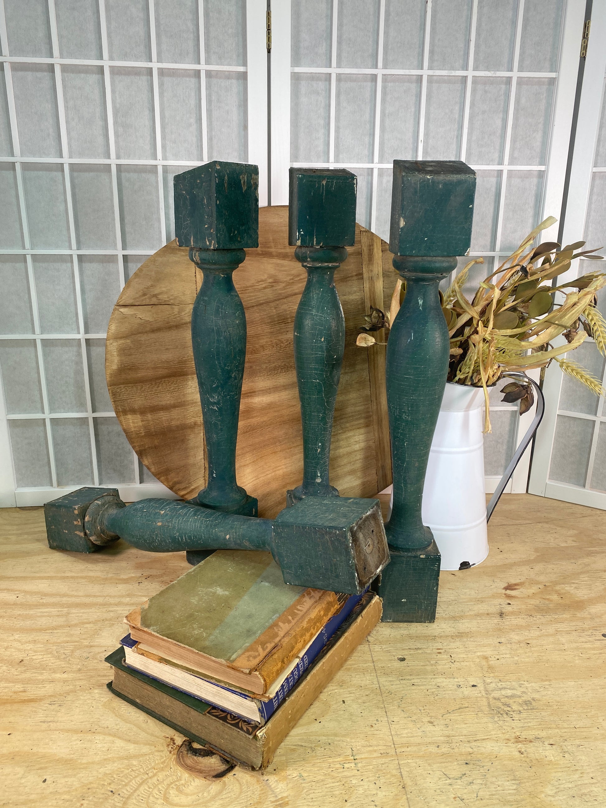 Balusters - 4 Vintage Green Wood Balusters, Reclaimed Spindles, Architectural Salvage, A7 by The Old Grainery (Architectur...