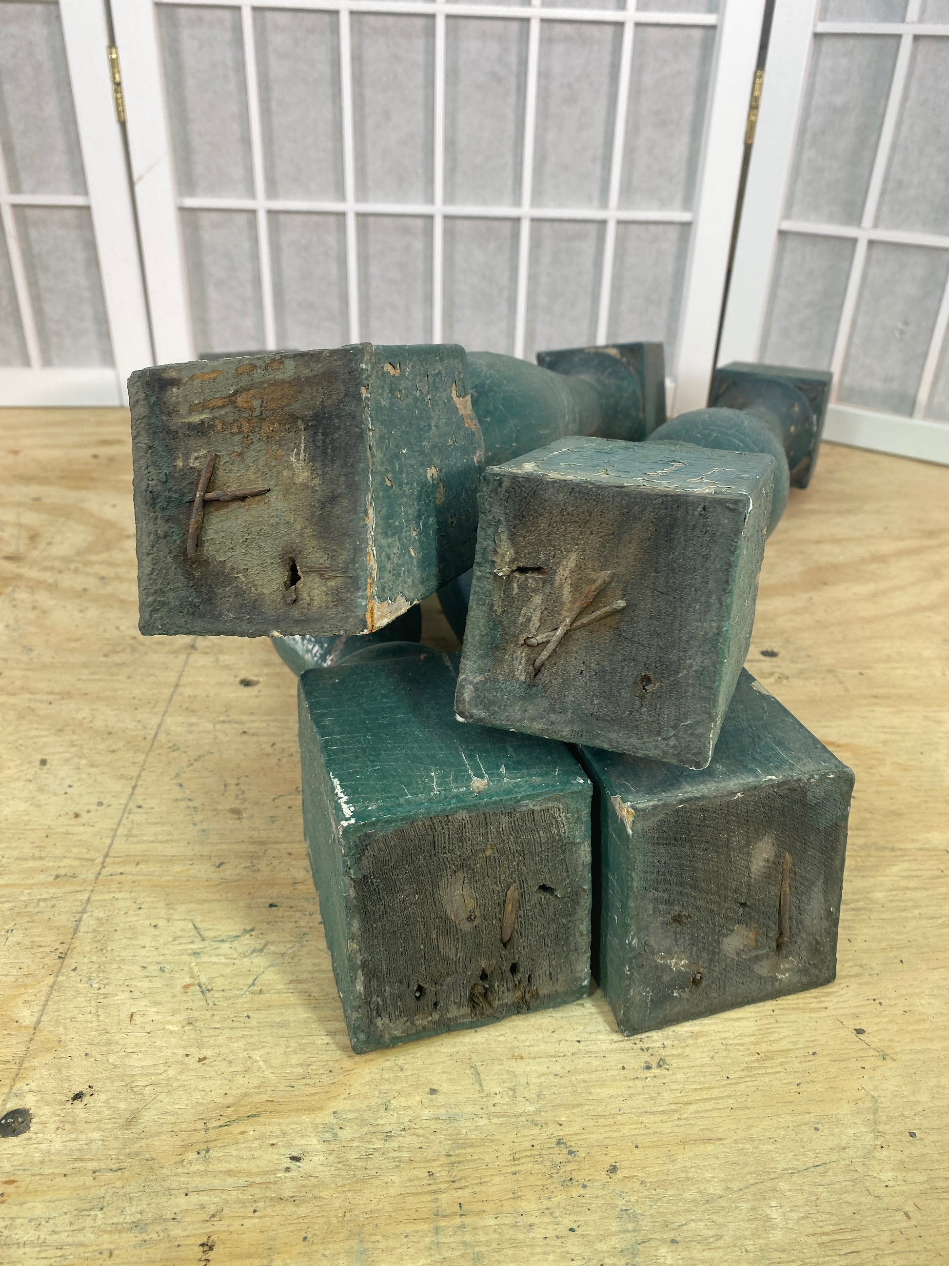 Balusters - 4 Vintage Green Wood Balusters, Reclaimed Spindles, Architectural Salvage, A7 by The Old Grainery (Architectur...