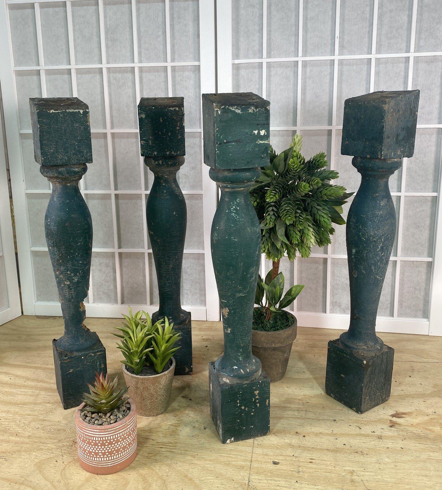 Balusters - 4 Vintage Green Wood Balusters, Reclaimed Spindles, Architectural Salvage, V by The Old Grainery (Architectura...