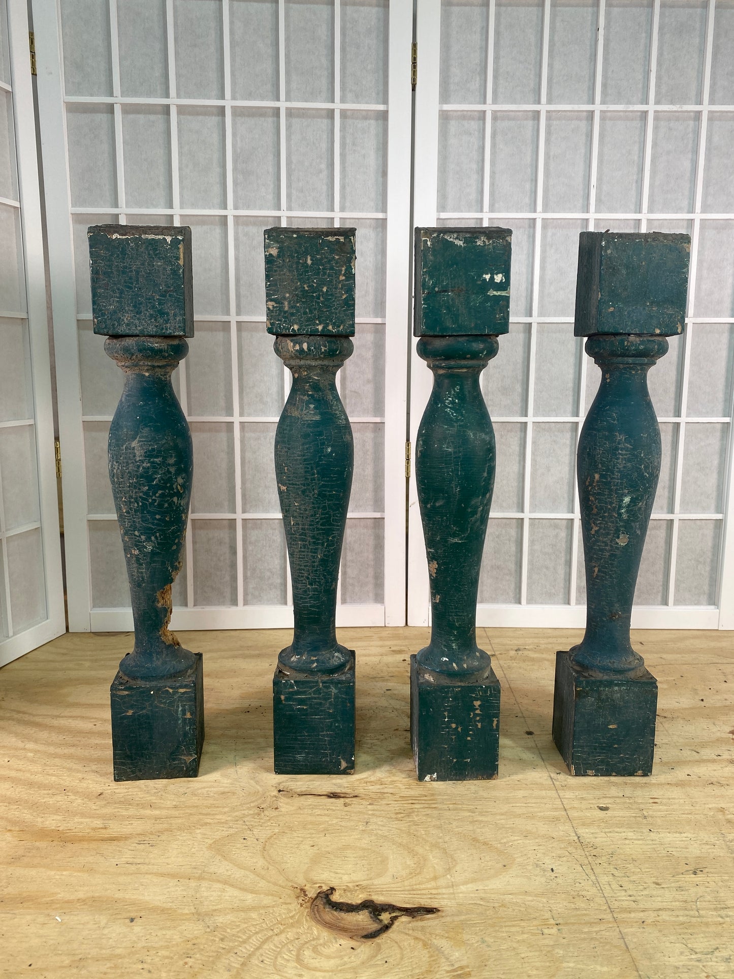 Balusters - 4 Vintage Green Wood Balusters, Reclaimed Spindles, Architectural Salvage, V by The Old Grainery (Architectura...