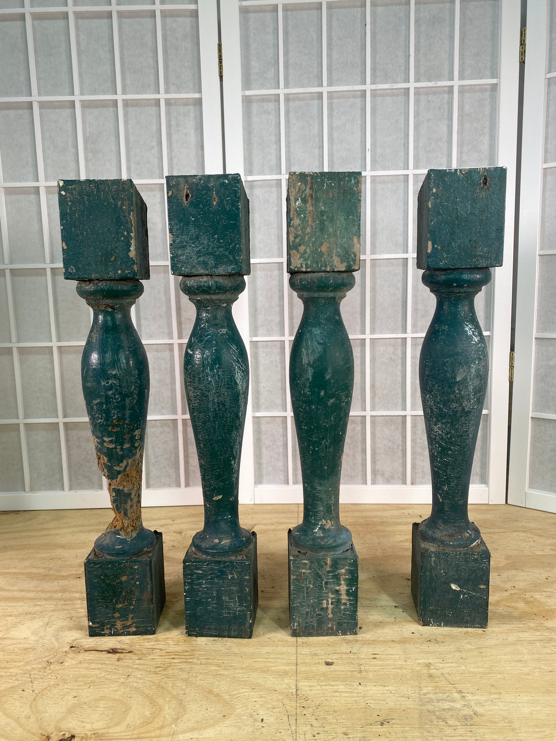 Balusters - 4 Vintage Green Wood Balusters, Reclaimed Spindles, Architectural Salvage, V by The Old Grainery (Architectura...