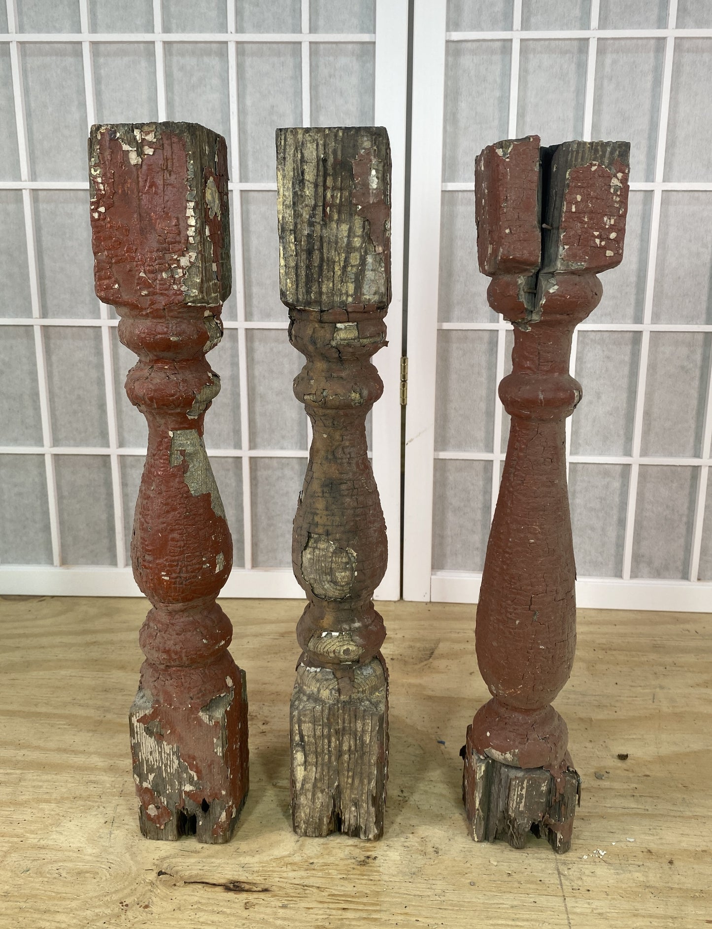 Balusters - 3 Rustic Red Wood Balusters Architectural Salvage Spindles Porch Trim A35 by The Old Grainery (Architectural,...