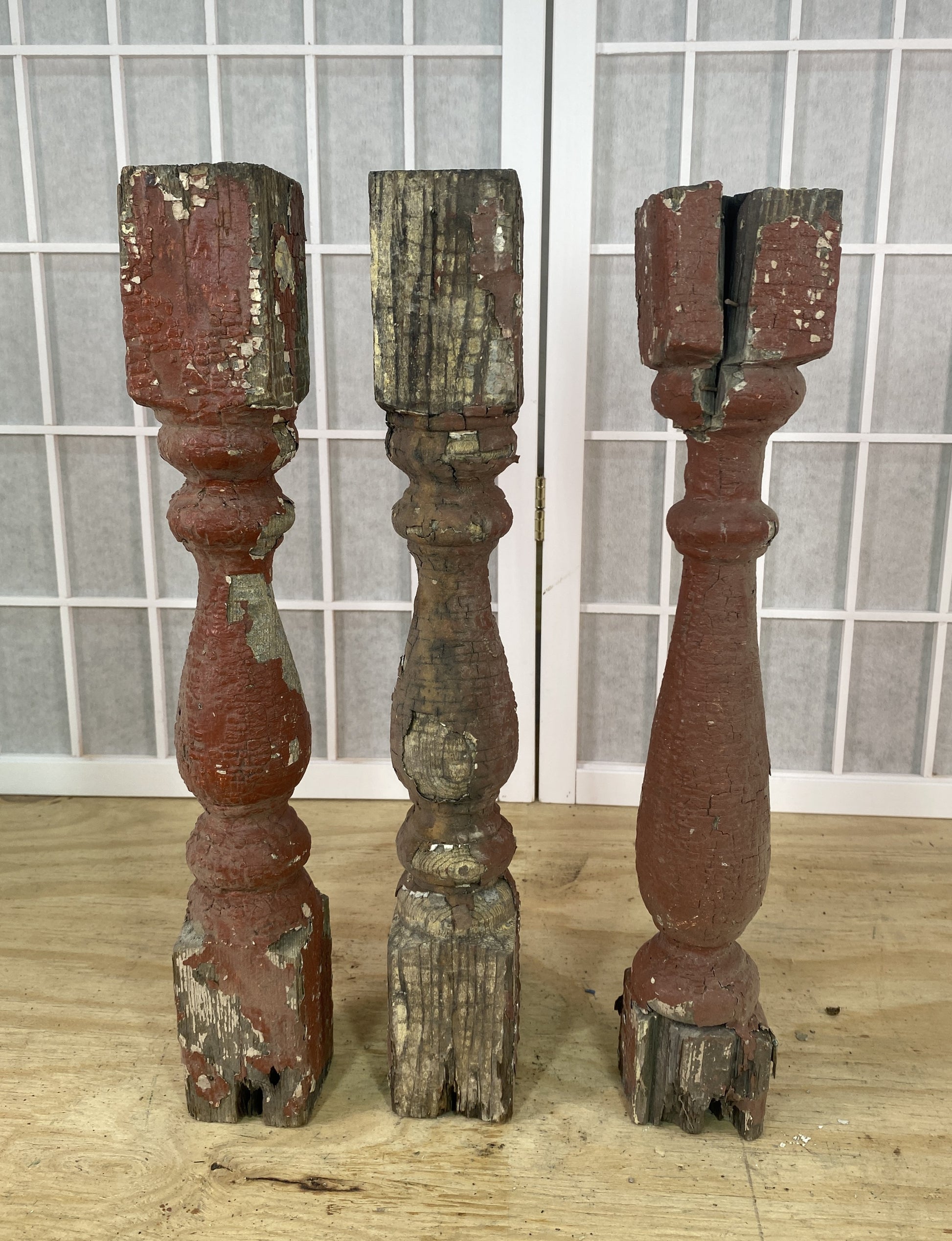 Balusters - 3 Rustic Red Wood Balusters Architectural Salvage Spindles Porch Trim A35 by The Old Grainery (Architectural,...