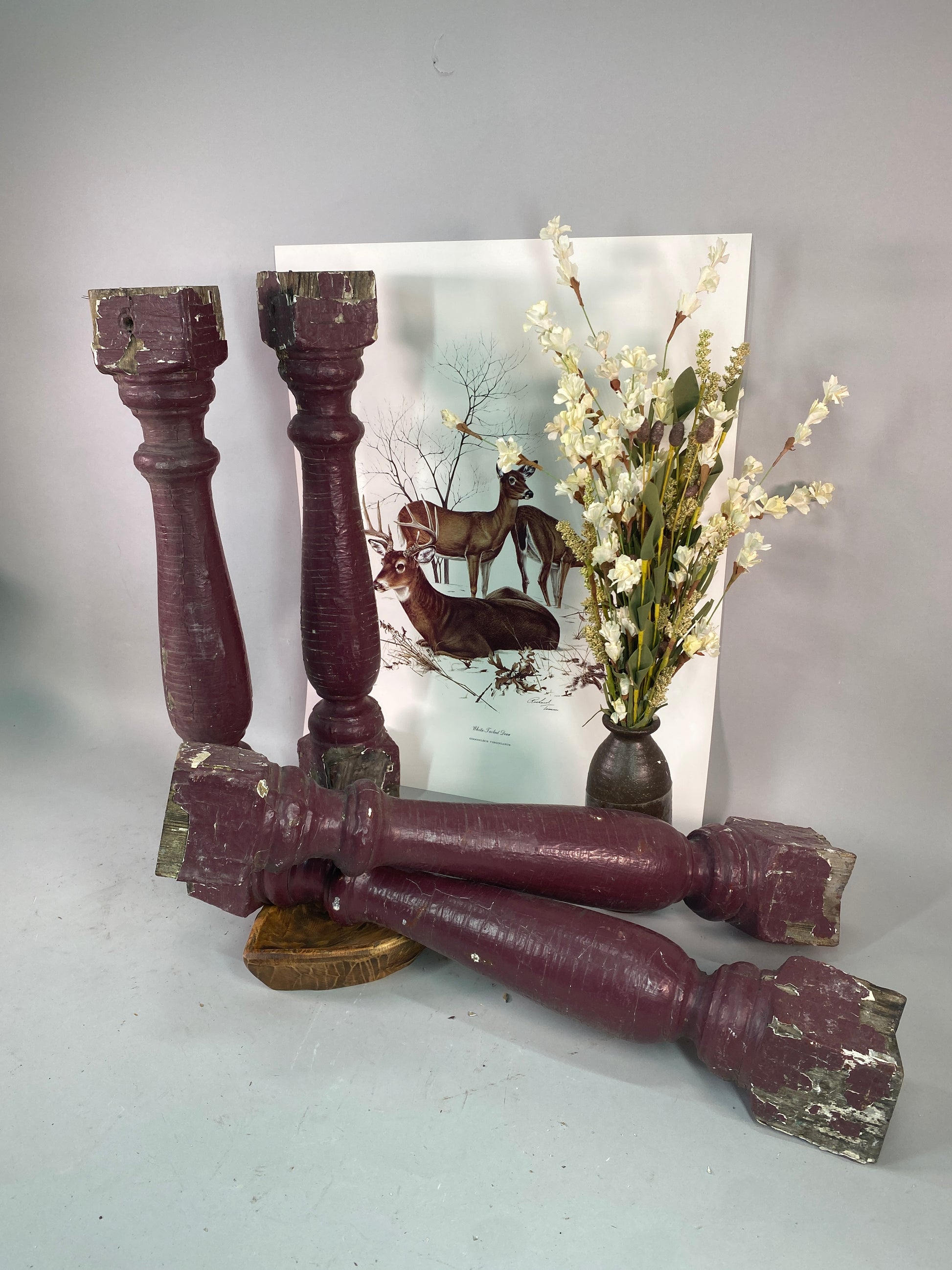 Balusters - 4 Vintage Burgundy Wood Balusters, Reclaimed Spindles, Architectural Salvage, O by The Old Grainery (Architect...