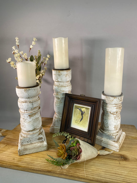 Home Goods - Set 3 White Wooden Pillar Candlestick Holders, Mantel Decor, Table Centerpiece, by The Old Grainery (candle c...