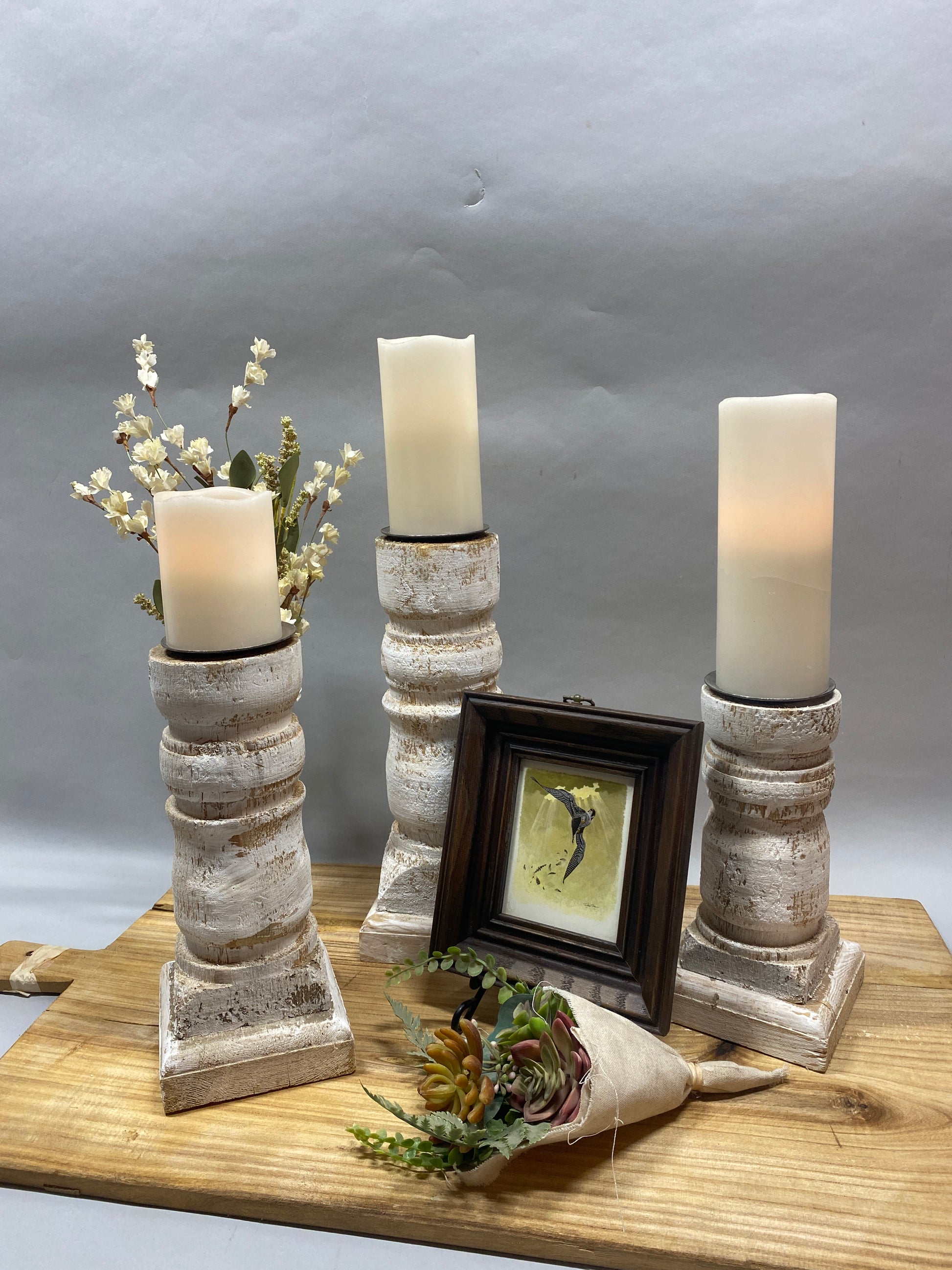 Home Goods - Set 3 White Wooden Pillar Candlestick Holders, Mantel Decor, Table Centerpiece, by The Old Grainery (candle c...