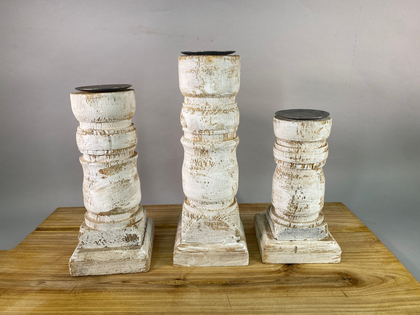 Home Goods - Set 3 White Wooden Pillar Candlestick Holders, Mantel Decor, Table Centerpiece, by The Old Grainery (candle c...