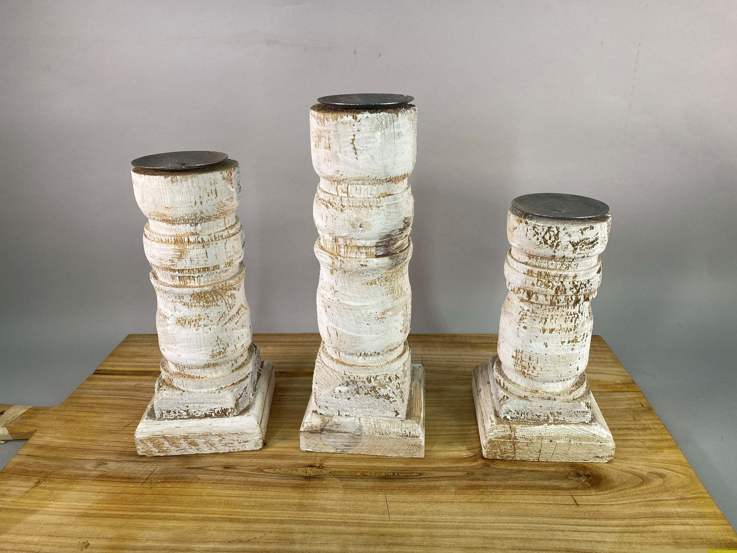 Home Goods - Set 3 White Wooden Pillar Candlestick Holders, Mantel Decor, Table Centerpiece, by The Old Grainery (candle c...