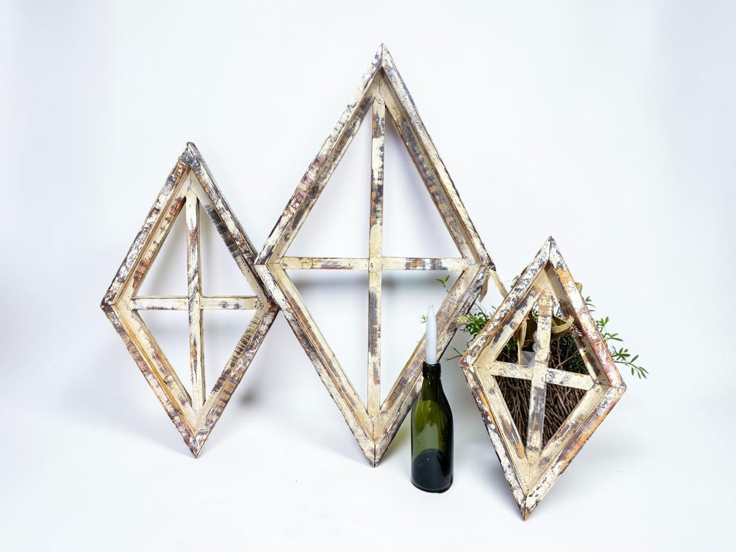 Set 3 Diamond Wood Window Frames, Distressed Farmhouse Decor, Antique Inspired