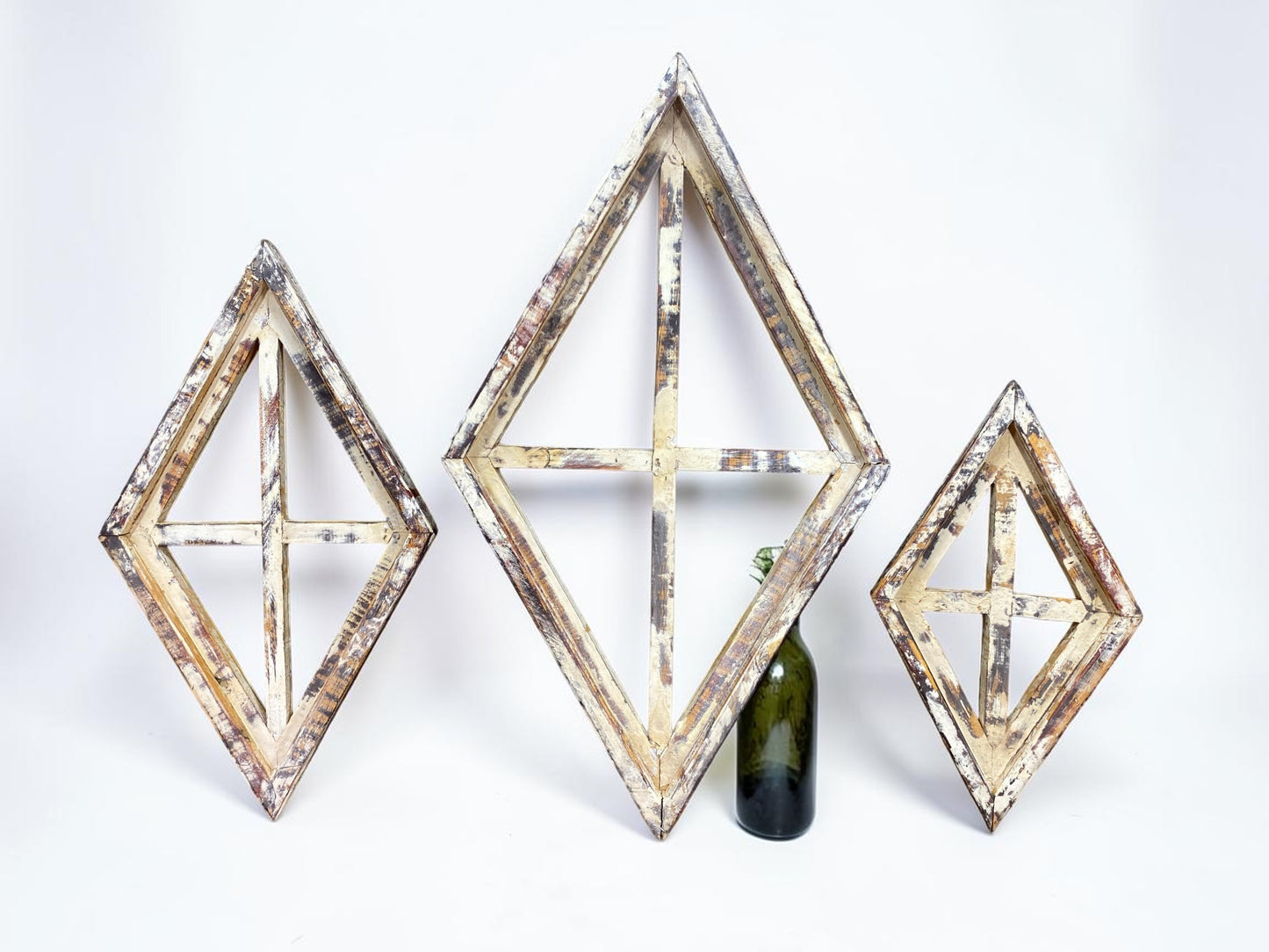 Set 3 Diamond Wood Window Frames, Distressed Farmhouse Decor, Antique Inspired