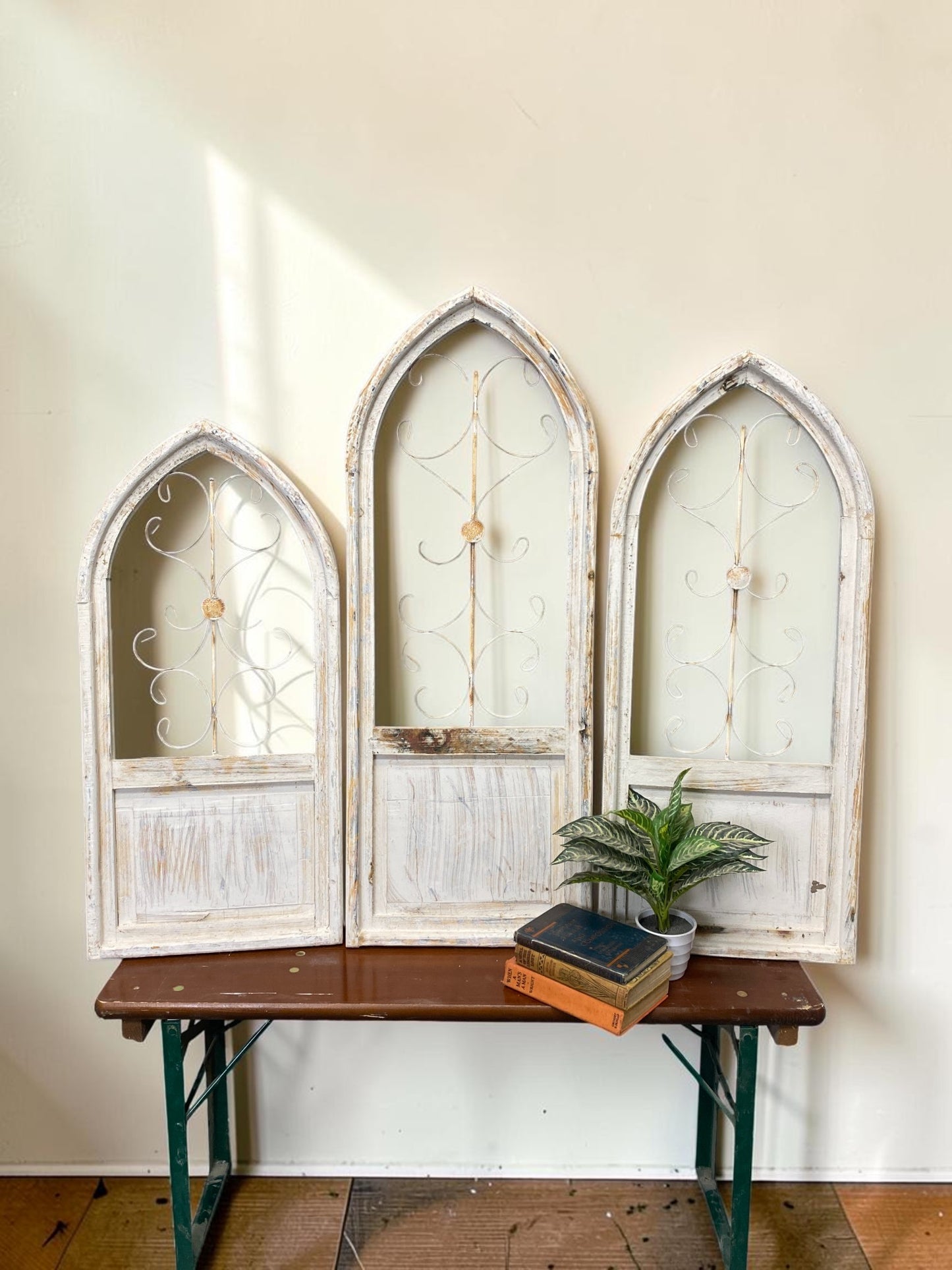 Windows - 3 French Country Wood Metal Arched Window Frame, Distressed Farmhouse Decor by The Old Grainery (arched, church...
