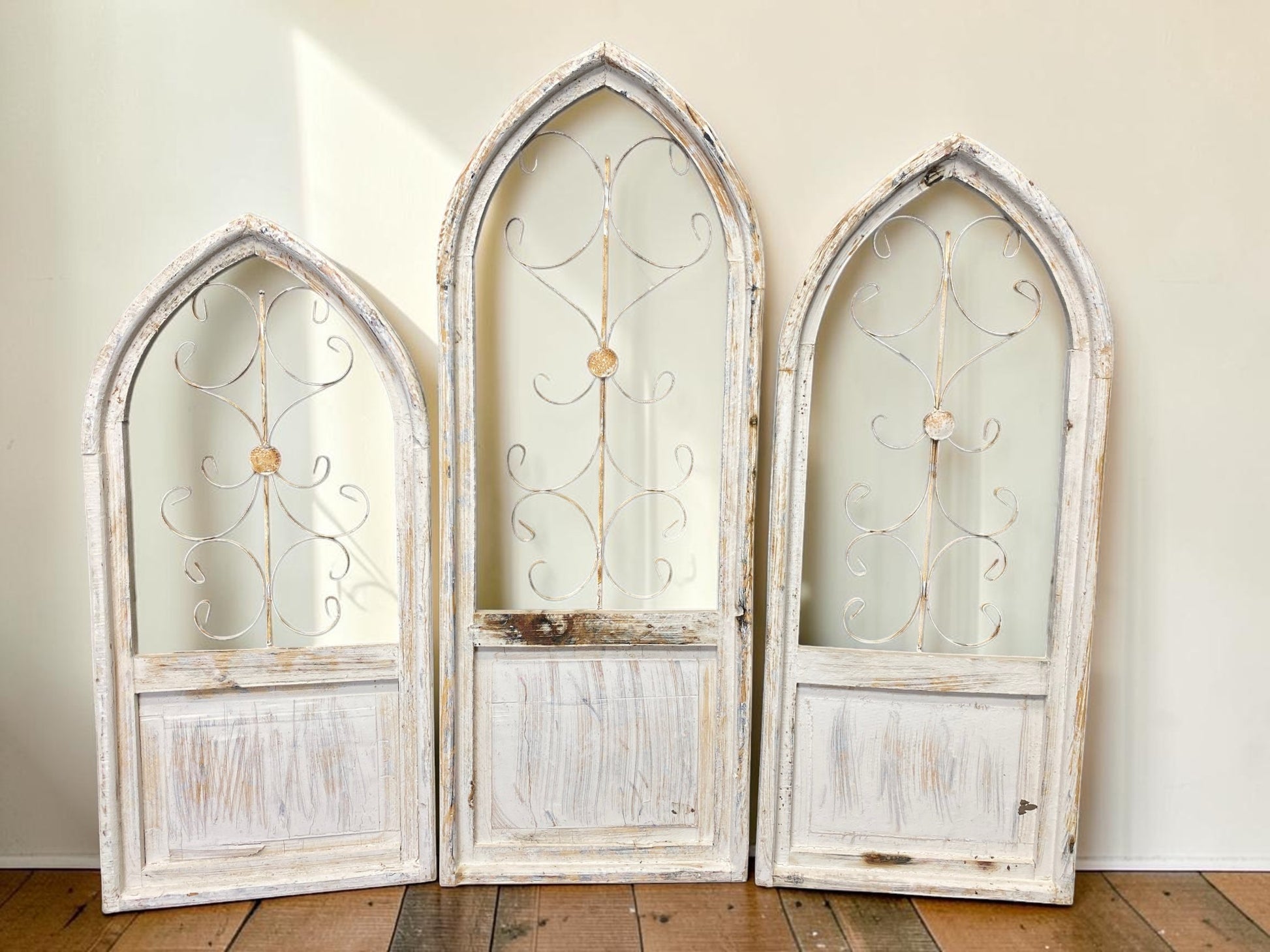 Windows - 3 French Country Wood Metal Arched Window Frame, Distressed Farmhouse Decor by The Old Grainery (arched, church...