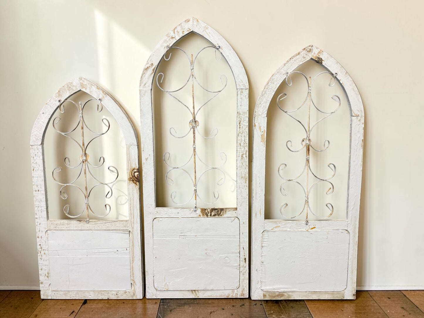 Windows - 3 French Country Wood Metal Arched Window Frame, Distressed Farmhouse Decor by The Old Grainery (arched, church...