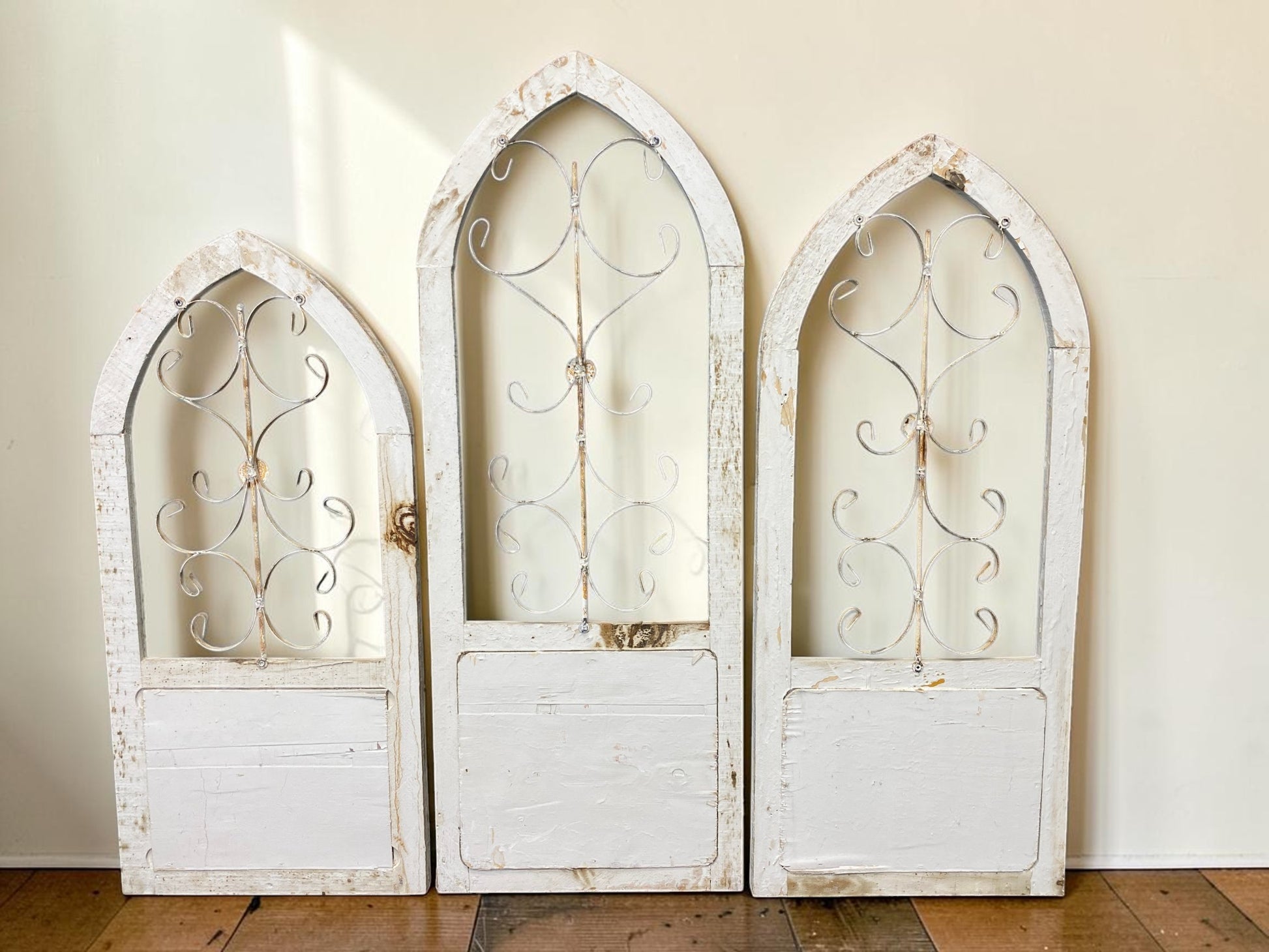 Windows - 3 French Country Wood Metal Arched Window Frame, Distressed Farmhouse Decor by The Old Grainery (arched, church...