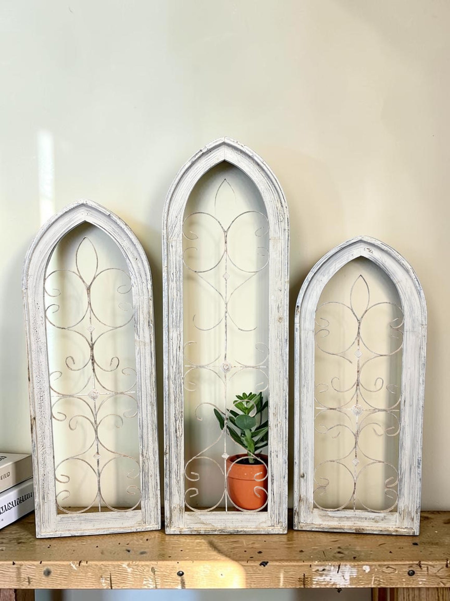 Set 3 XL Arched Wood Metal Gothic Window Frames, Rustic Farmhouse Decor Set