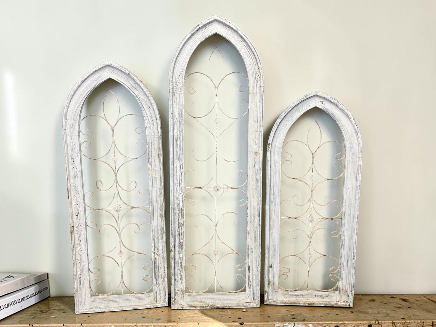 Set 3 XL Arched Wood Metal Gothic Window Frames, Rustic Farmhouse Decor Set
