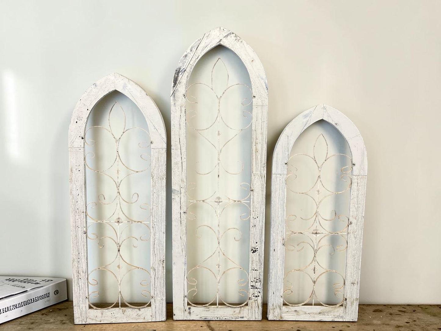 Set 3 XL Arched Wood Metal Gothic Window Frames, Rustic Farmhouse Decor Set