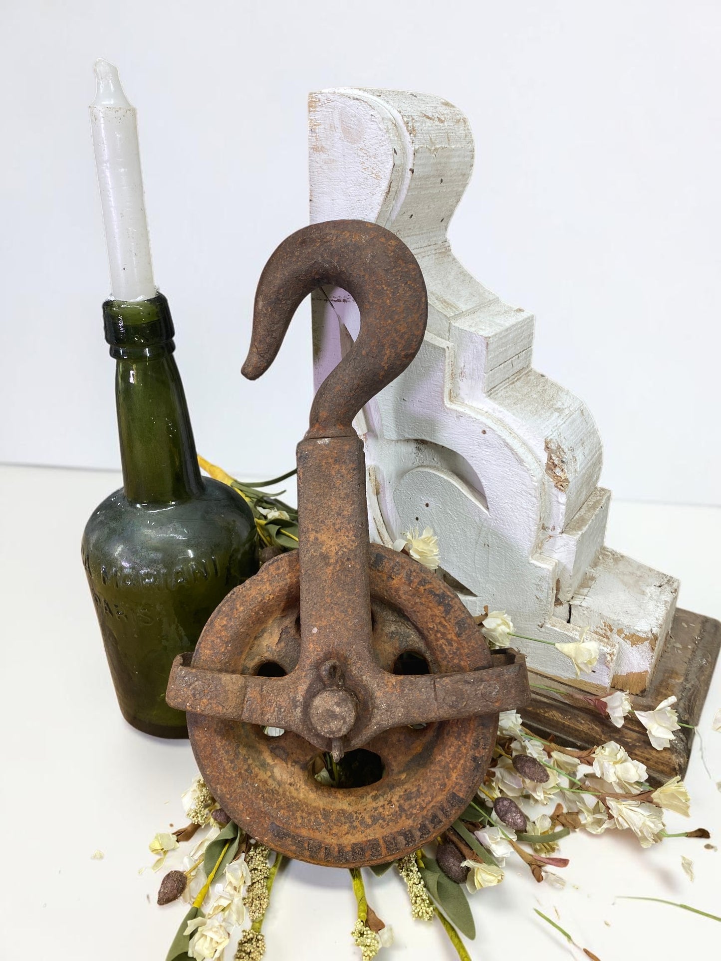Antique Cast Iron Pulley and Hook, Vintage Barn Pulley, Farmhouse Industrial a3