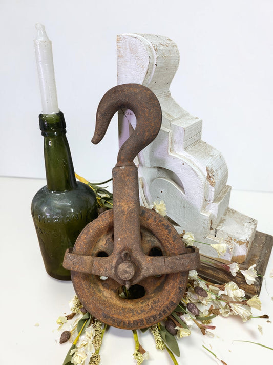 Antique Cast Iron Pulley and Hook, Vintage Barn Pulley, Farmhouse Industrial a3