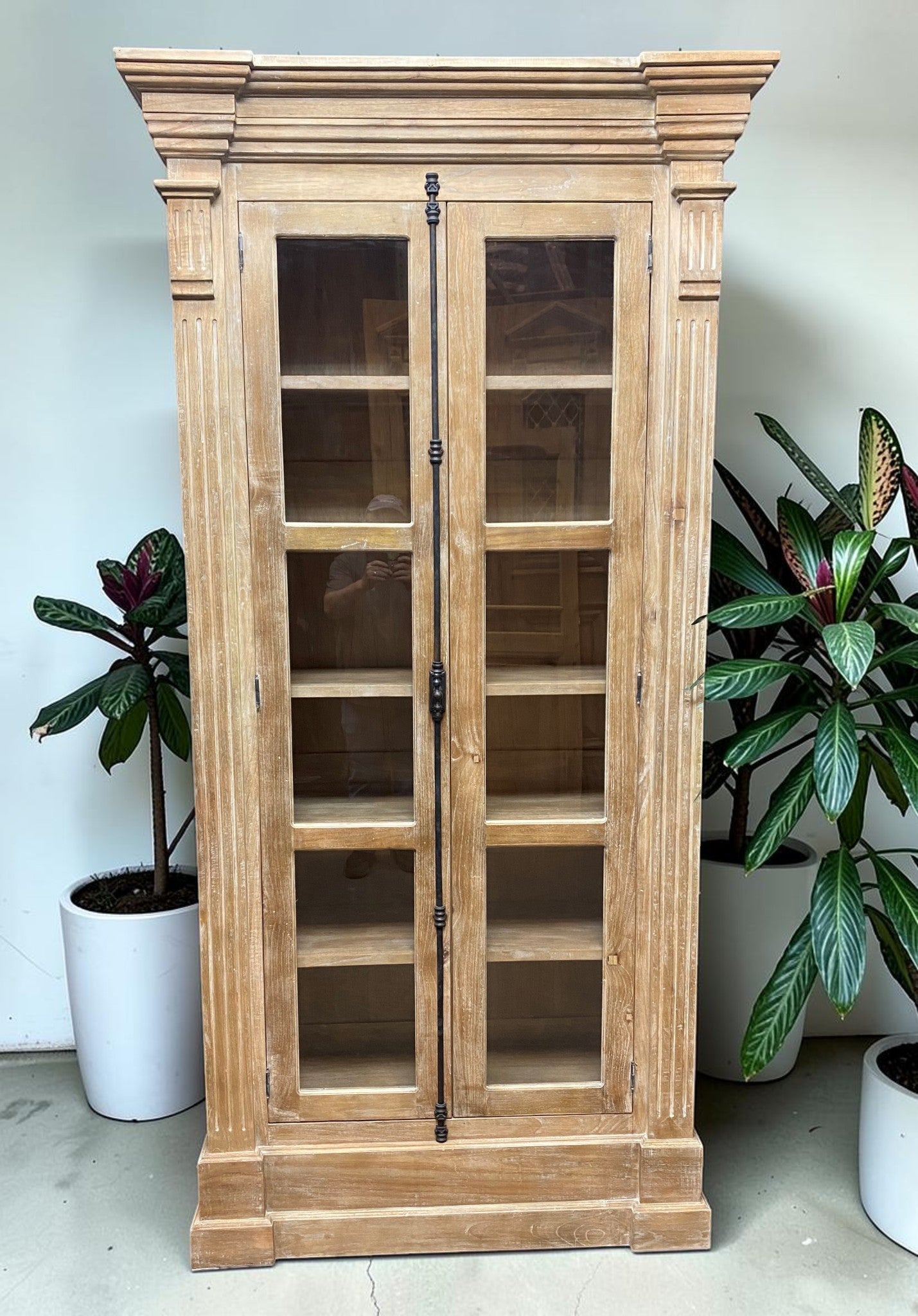 Library Bookcase, 2 Door Natural Display Case, Showcase, Kitchen Cabinet, F