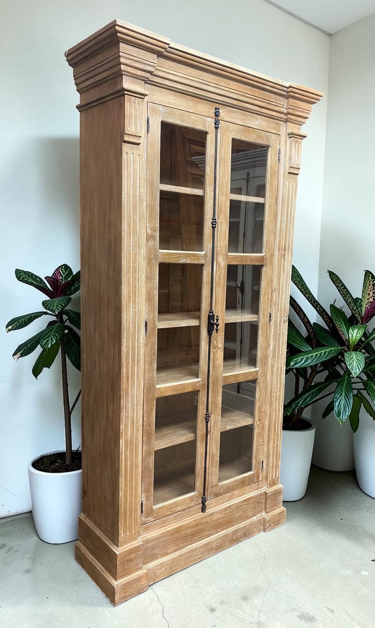 Library Bookcase, 2 Door Natural Display Case, Showcase, Kitchen Cabinet, F
