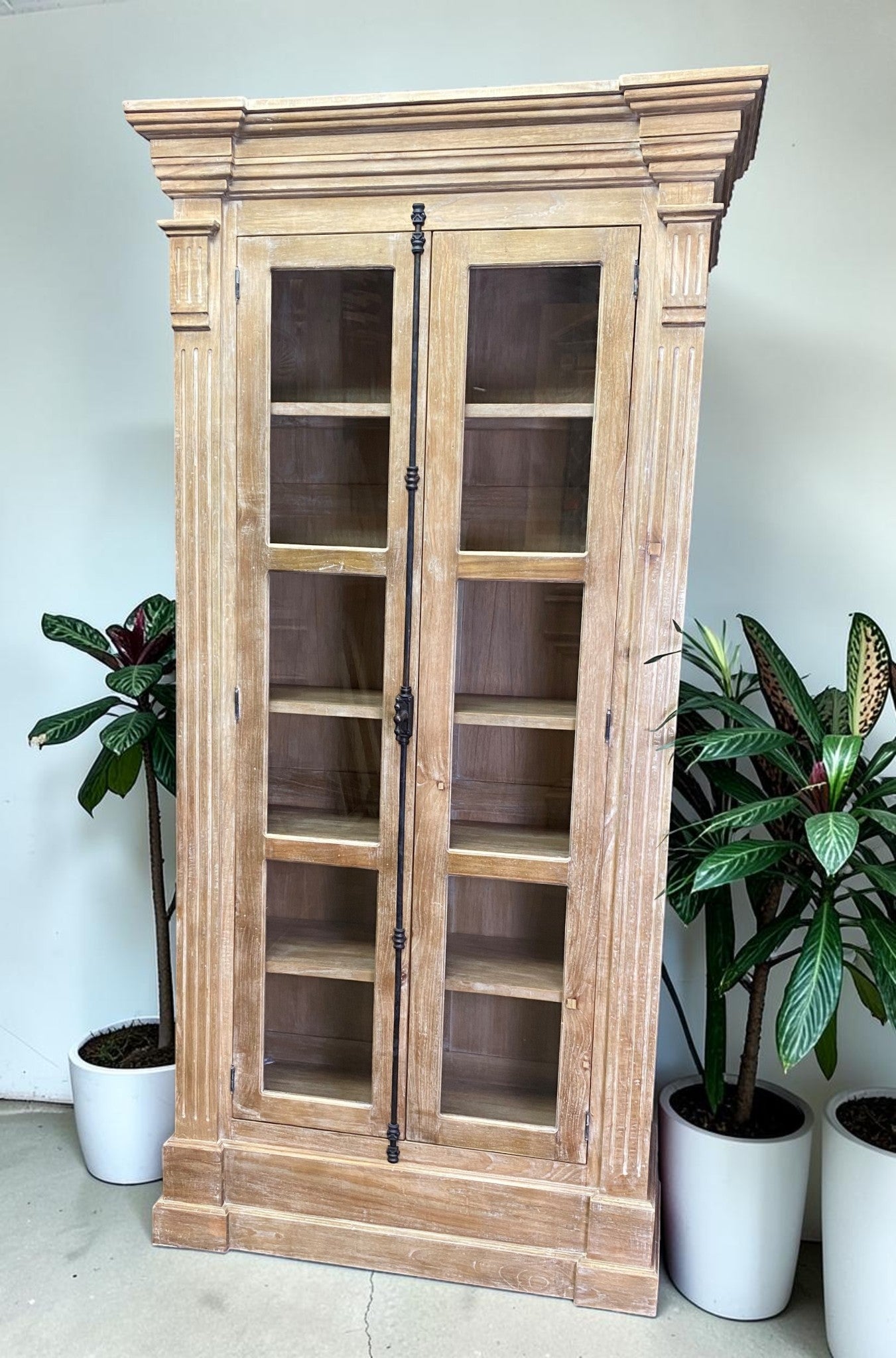 Library Bookcase, 2 Door Natural Display Case, Showcase, Kitchen Cabinet, F