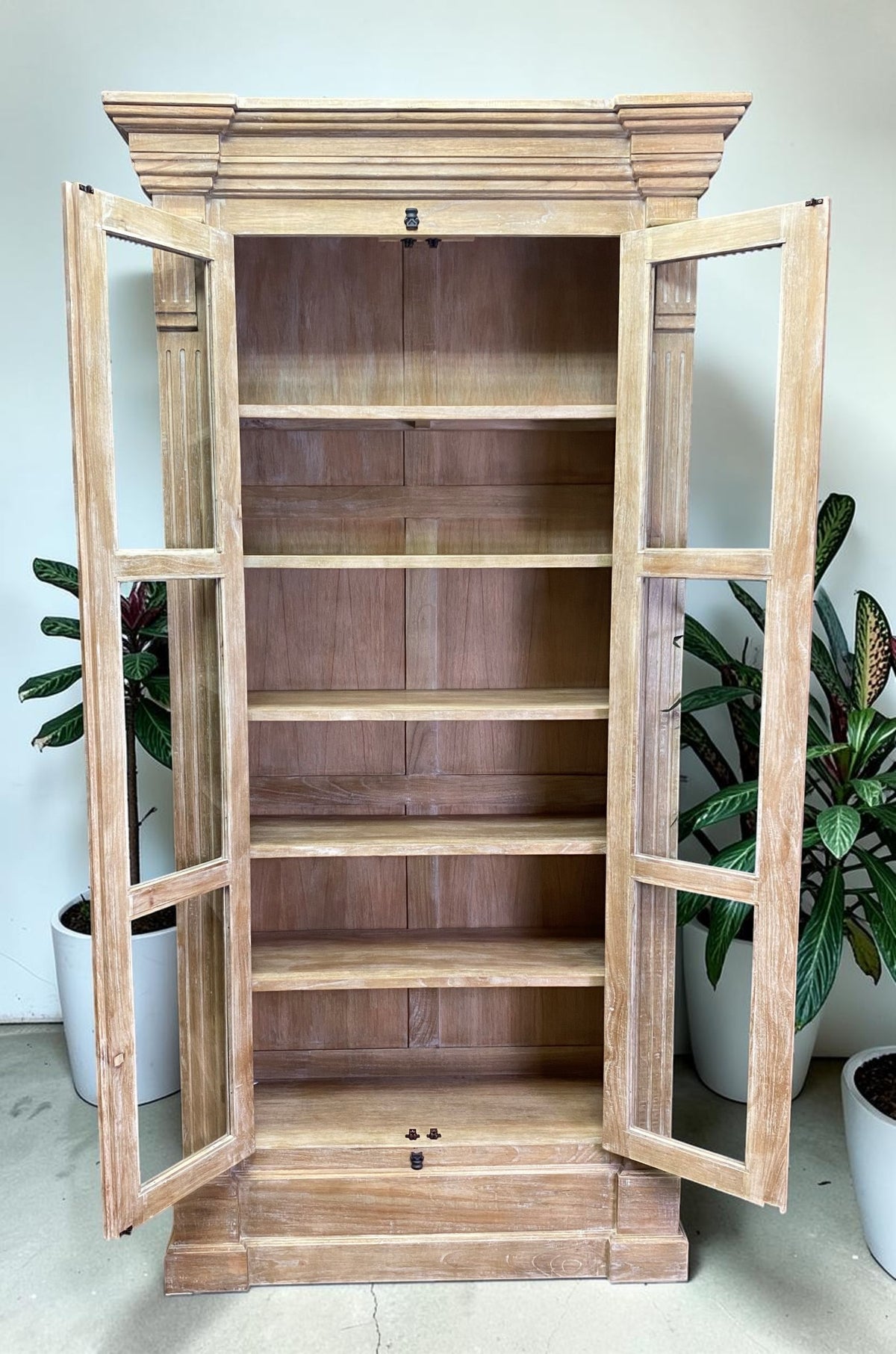 Library Bookcase, 2 Door Natural Display Case, Showcase, Kitchen Cabinet, F