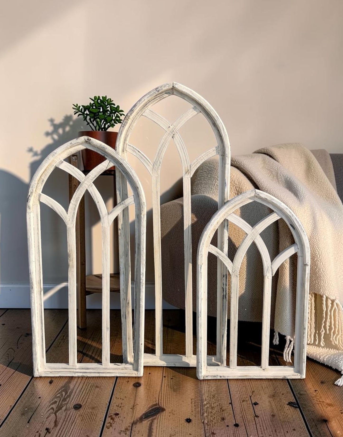 3 White Wood Arched Window Frames, Distressed Cathedral Style, Farmhouse Decor