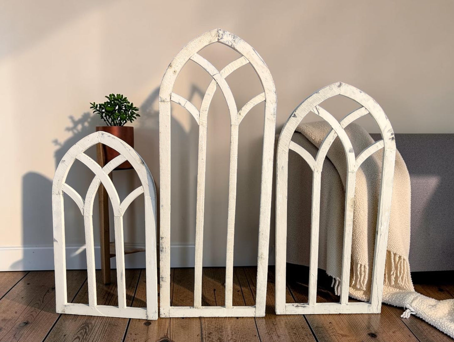 3 White Wood Arched Window Frames, Distressed Cathedral Style, Farmhouse Decor
