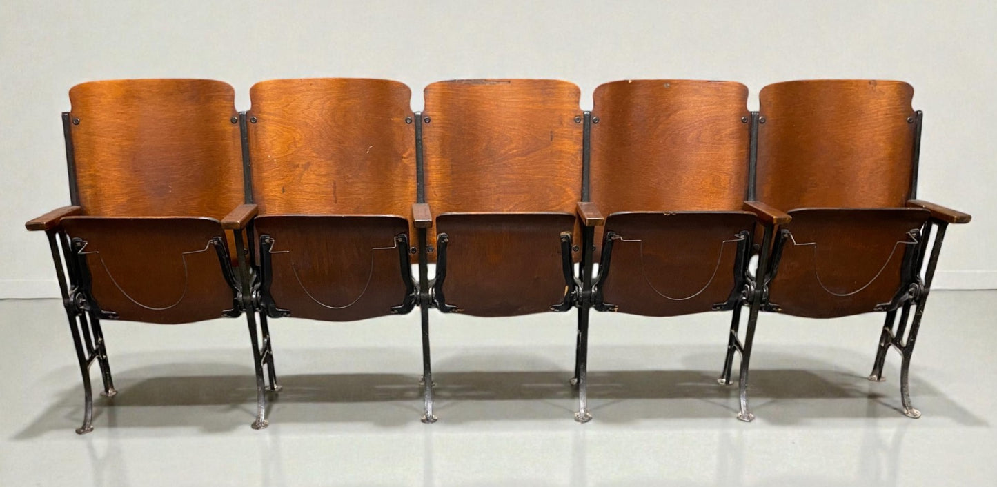 5 Vintage Wood Folding Theater Seats, Auditorium Seats, Entryway Bench, E26
