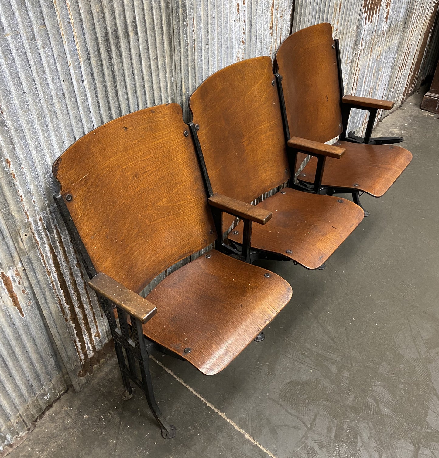 3 Vintage Wood Folding Theater Seats, Auditorium Seats, Entryway Bench, E27