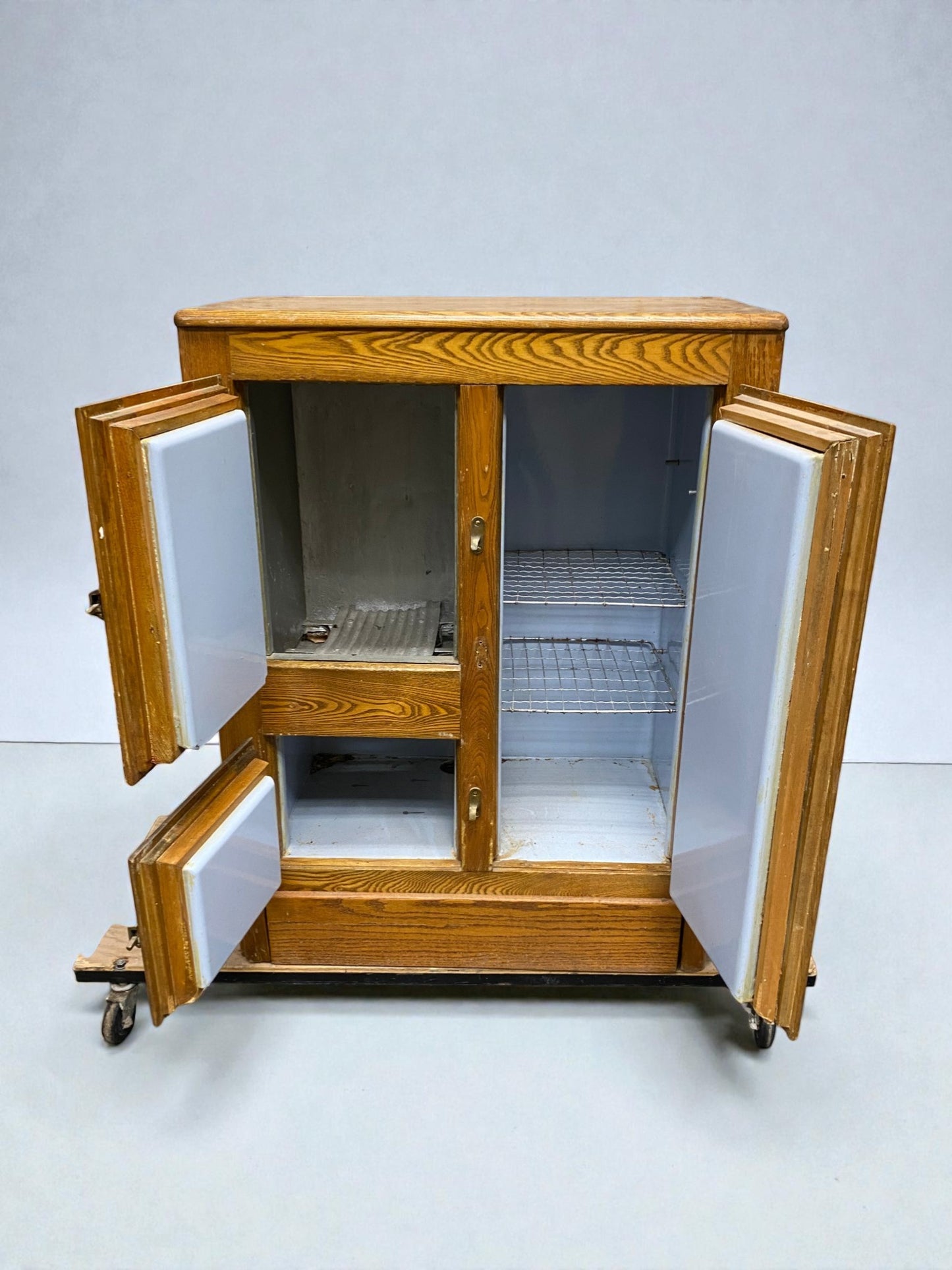 Kitchen Appliance - Antique Oak Ice Box Refrigerator Rustic Farmhouse 3 Door Icebox Cabinet 1920s by The Old Grainery (Coo...